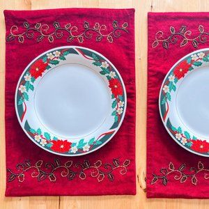 Red Velvet Christmas Placemats w/ Sequin Border, Set of 2, Holiday